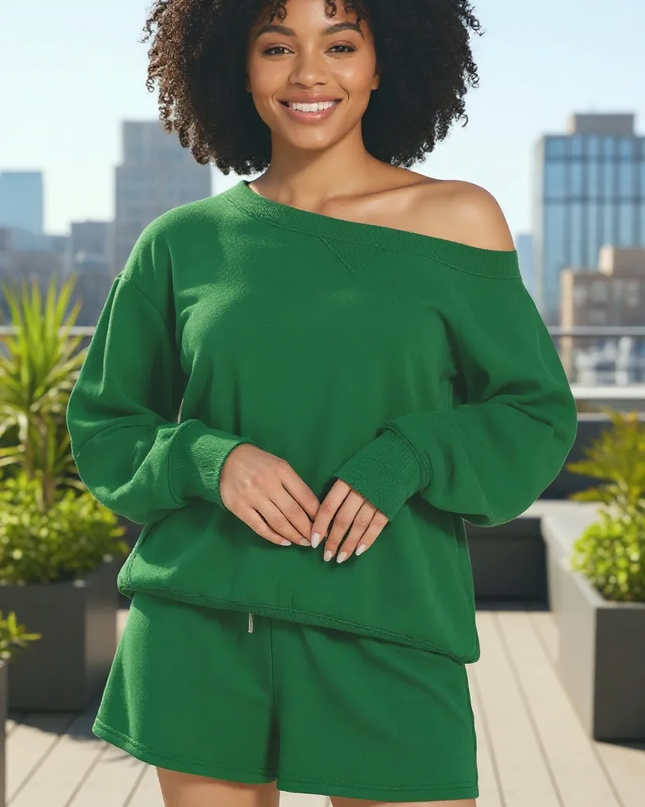 Fleece Boat Neck Sweatshirt and Shorts Set (DK Green)