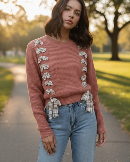 Lace-Up Plaid Statement Sweater - Rust