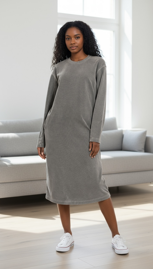 Chic Soft Fleece Pigment Dye Sweatshirts Dress - Ash Black