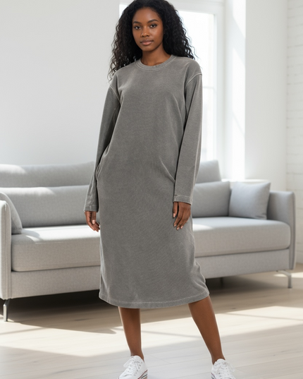 Chic Soft Fleece Pigment Dye Sweatshirts Dress - Ash Black