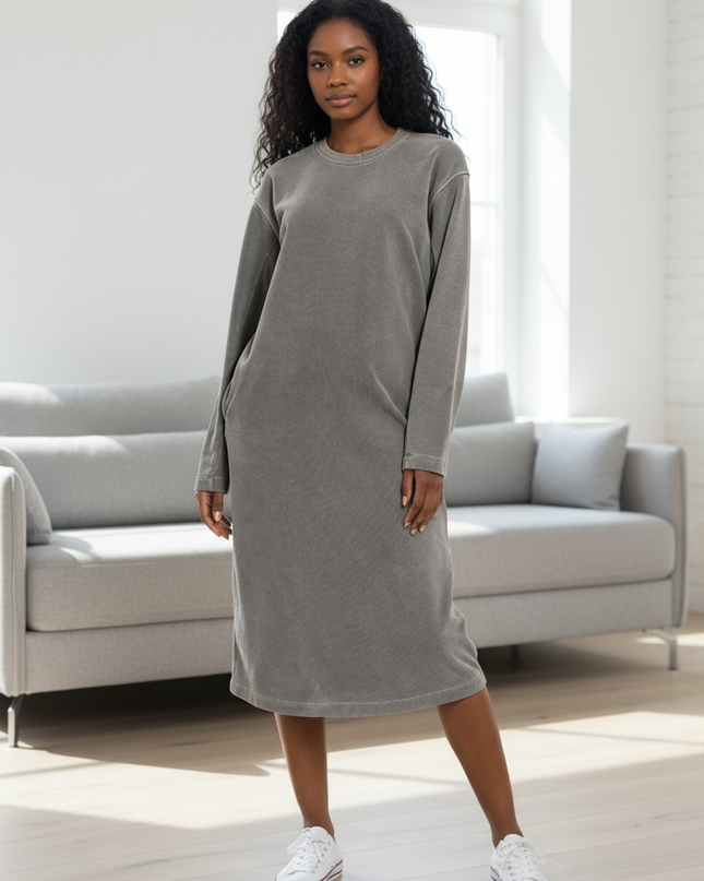 Chic Soft Fleece Pigment Dye Sweatshirts Dress - Ash Black