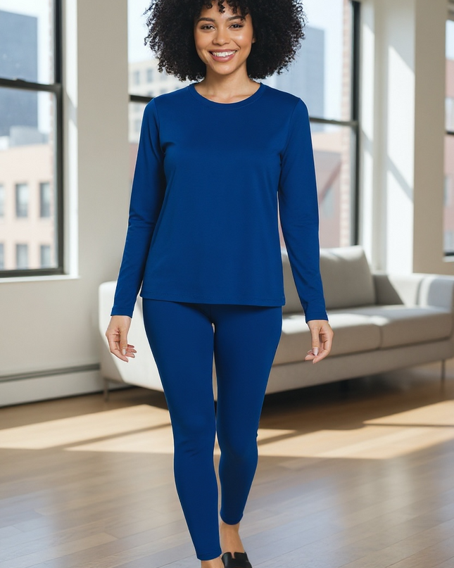 Microfiber Round Neck Top and Leggings Set - Navy