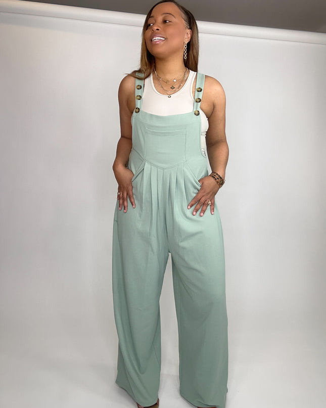 Wide Strap Overalls with Pleated Front Detail and Pockets - Gum Leaf