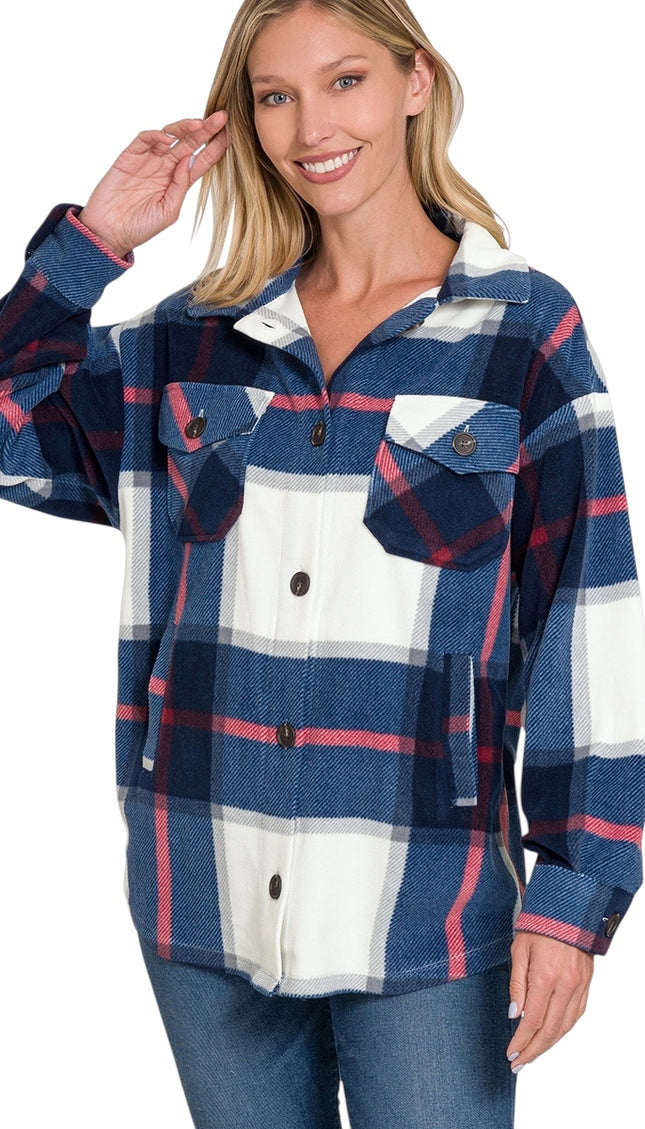 Oversized Plaid Fleece Shacket - Navy