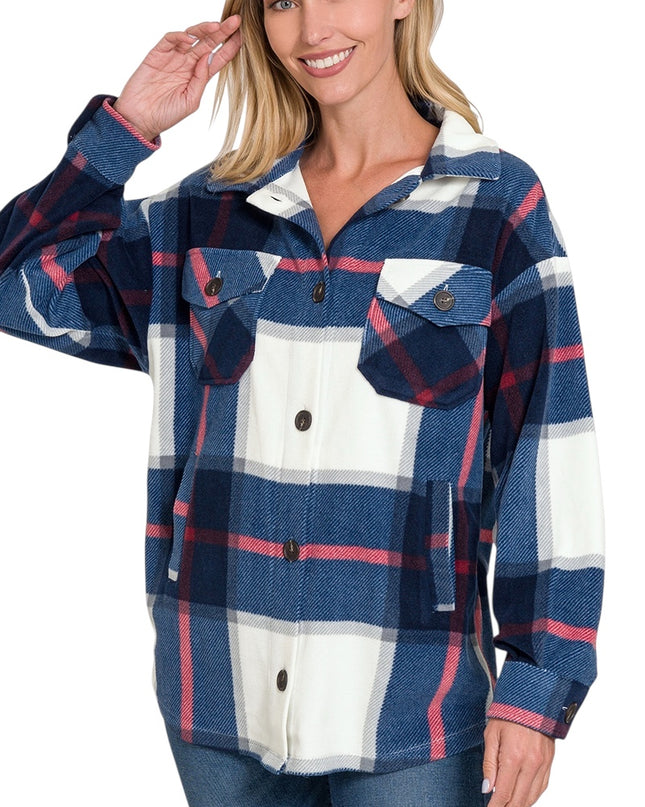 Oversized Plaid Fleece Shacket - Navy