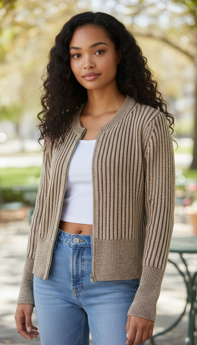 Ribbed Sweater Cardigan - Brown