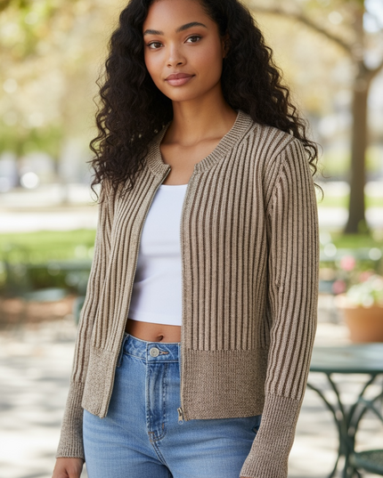 Ribbed Sweater Cardigan - Brown
