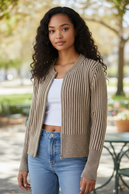 Ribbed Sweater Cardigan - Brown