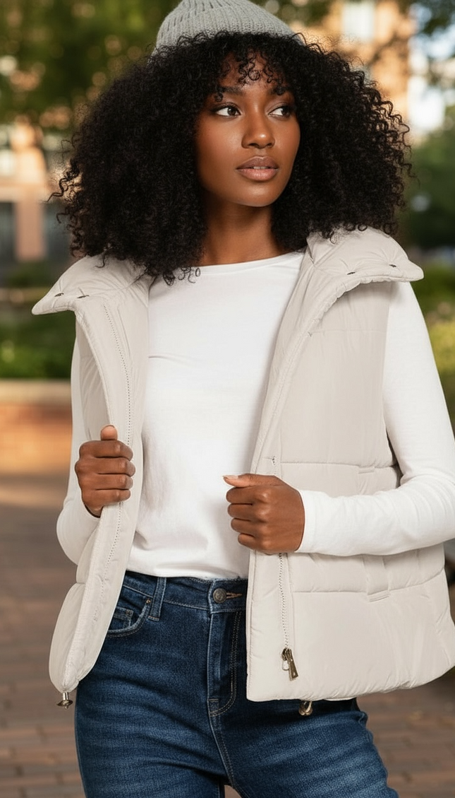 High Neck Zip-Up Vest Coat - Sand Beige