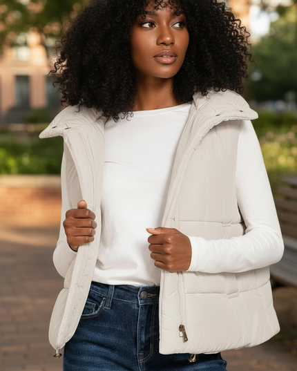 High Neck Zip-Up Vest Coat - Sand Beige