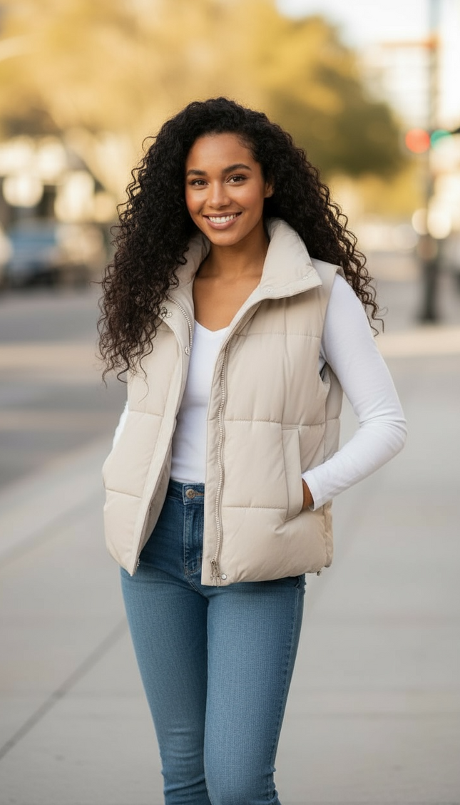 High Neck Zip-Up Vest Coat - Sand Beige