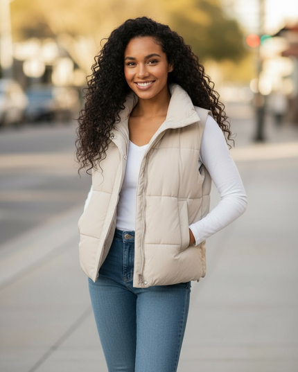 High Neck Zip-Up Vest Coat - Sand Beige