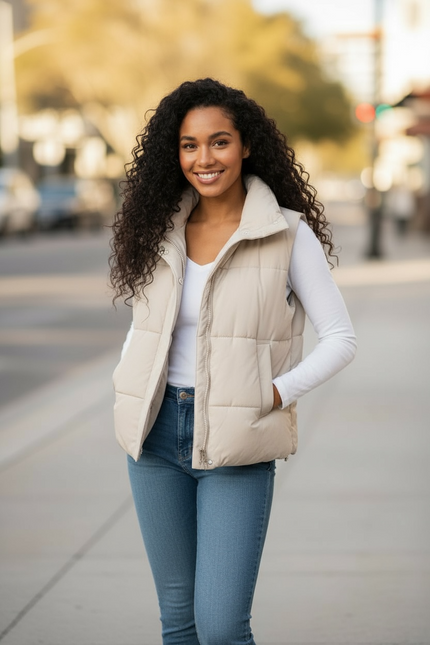 High Neck Zip-Up Vest Coat - Sand Beige