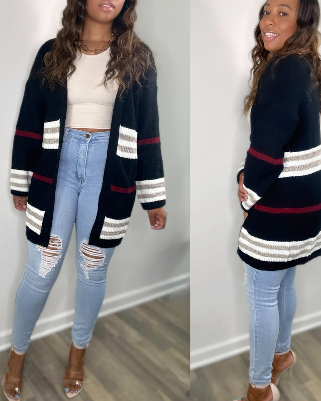 Unmatched Striped Rib-Knit Drop Shoulder Open Front Cardigan