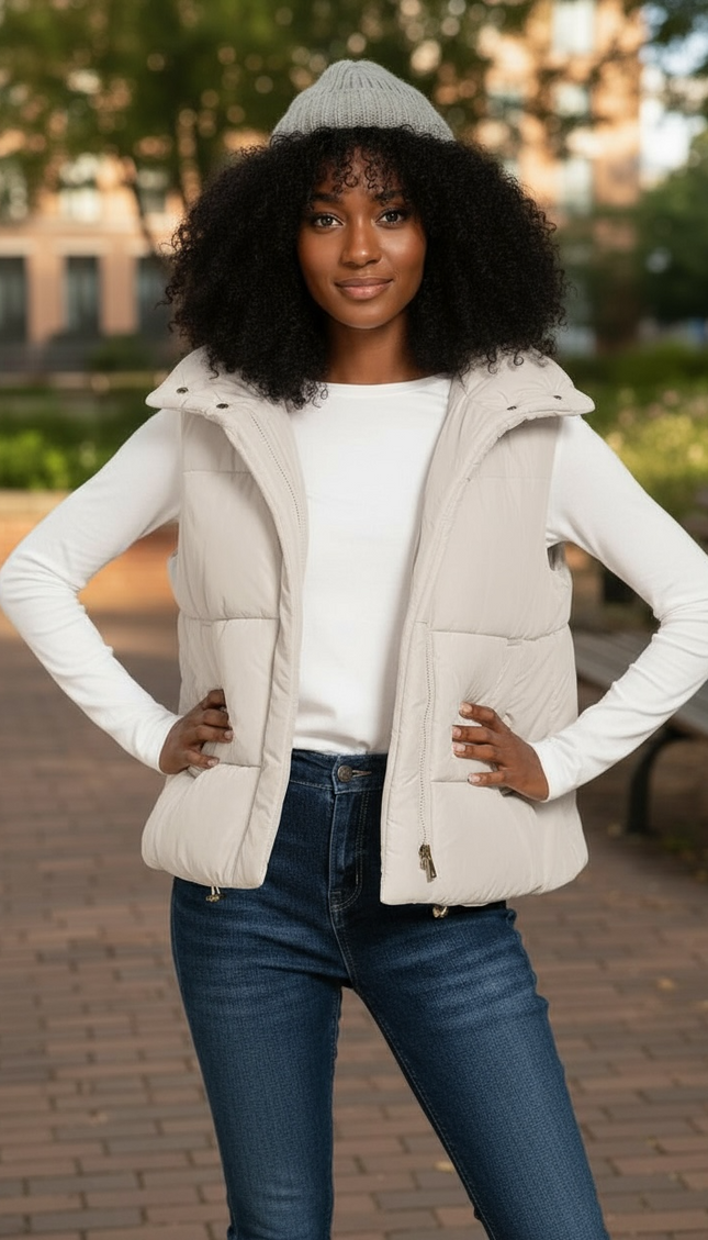 High Neck Zip-Up Vest Coat - Sand Beige