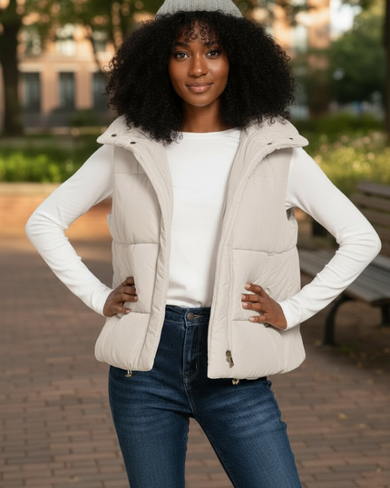 High Neck Zip-Up Vest Coat - Sand Beige