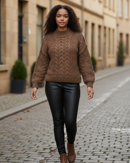 Cozy Cable-Knit Ribbed Turtleneck Sweater - Brown