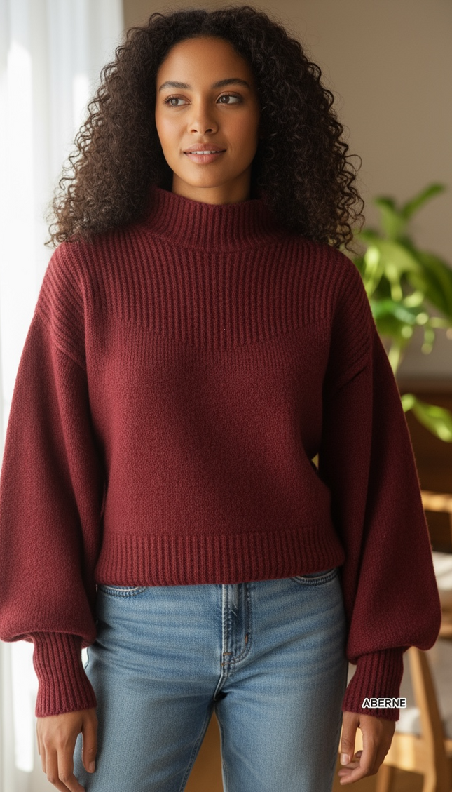 Chic Balloon Sleeve Mock Neck Sweater - Cabernet