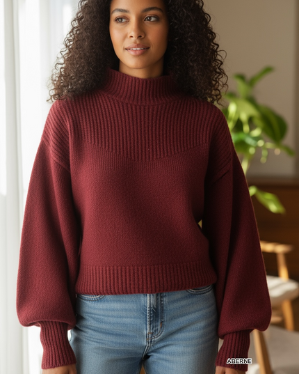 Chic Balloon Sleeve Mock Neck Sweater - Cabernet