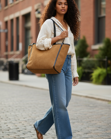 Chic Suede Tote with Faux Leather Trim