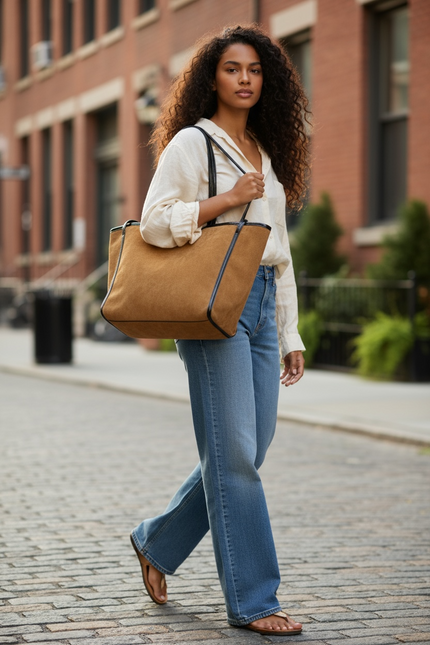 Chic Suede Tote with Faux Leather Trim