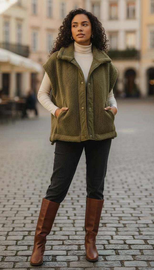 Relaxed Soft Sherpa Sleeveless Jacket - Olive