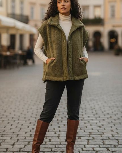 Relaxed Soft Sherpa Sleeveless Jacket - Olive