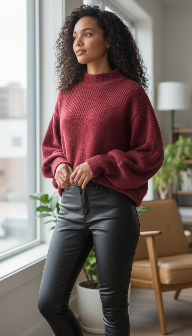 Chic Balloon Sleeve Mock Neck Sweater - Cabernet