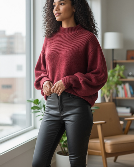 Chic Balloon Sleeve Mock Neck Sweater - Cabernet