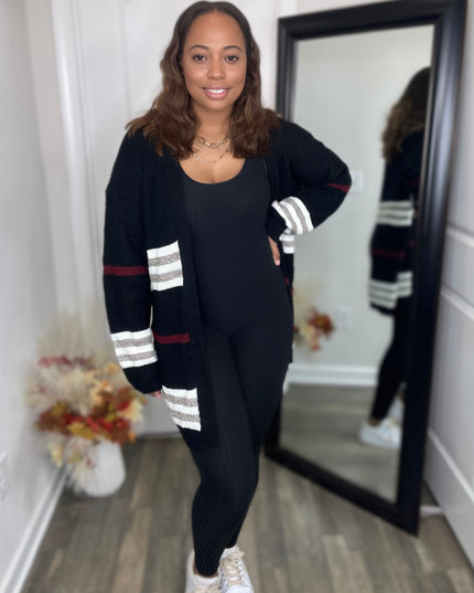 Unmatched Striped Rib-Knit Drop Shoulder Open Front Cardigan