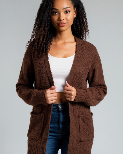 Cozy Long Sleeve Sweater Cardigan with Pockets (Brown)