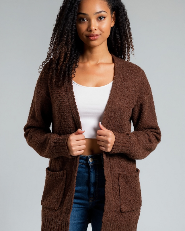 Cozy Long Sleeve Sweater Cardigan with Pockets (Brown)