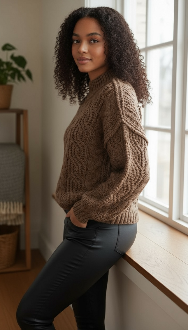 Cozy Cable-Knit Ribbed Turtleneck Sweater - Brown