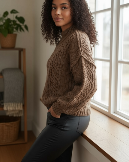 Cozy Cable-Knit Ribbed Turtleneck Sweater - Brown