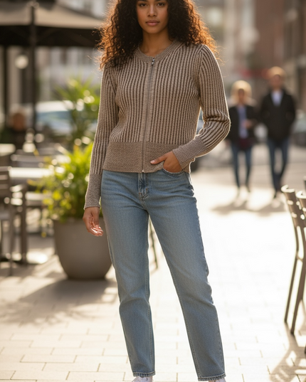 Ribbed Sweater Cardigan - Brown