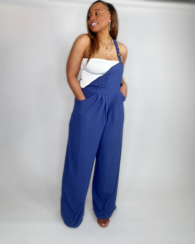 Wide Strap Overalls with Pleated Front Detail and Pockets - Indigo