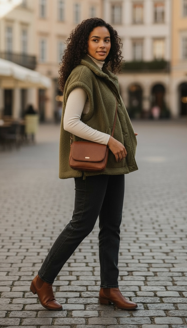 Relaxed Soft Sherpa Sleeveless Jacket - Olive