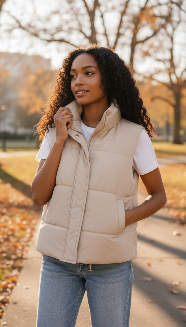 High Neck Zip-Up Vest Coat - Sand Beige