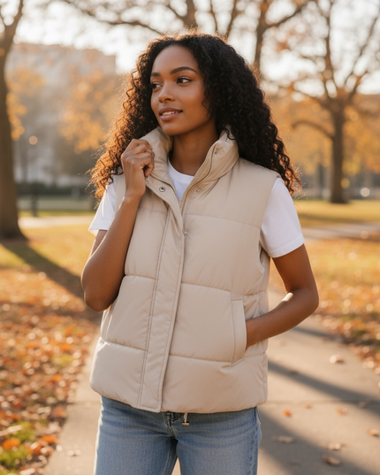 High Neck Zip-Up Vest Coat - Sand Beige