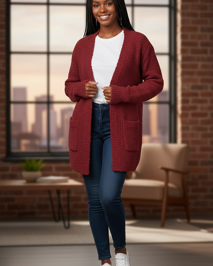 Cozy Long Sleeve Sweater Cardigan with Pockets (Cabernet)