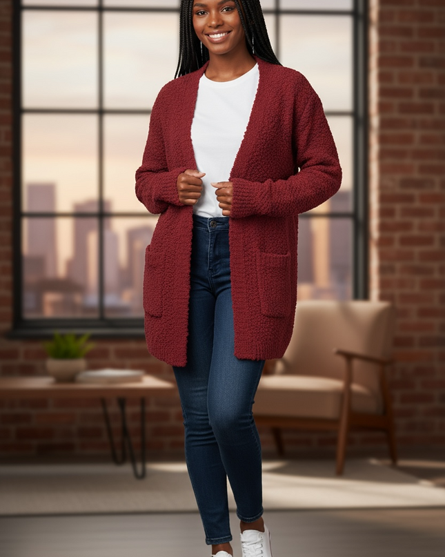 Cozy Long Sleeve Sweater Cardigan with Pockets (Cabernet)