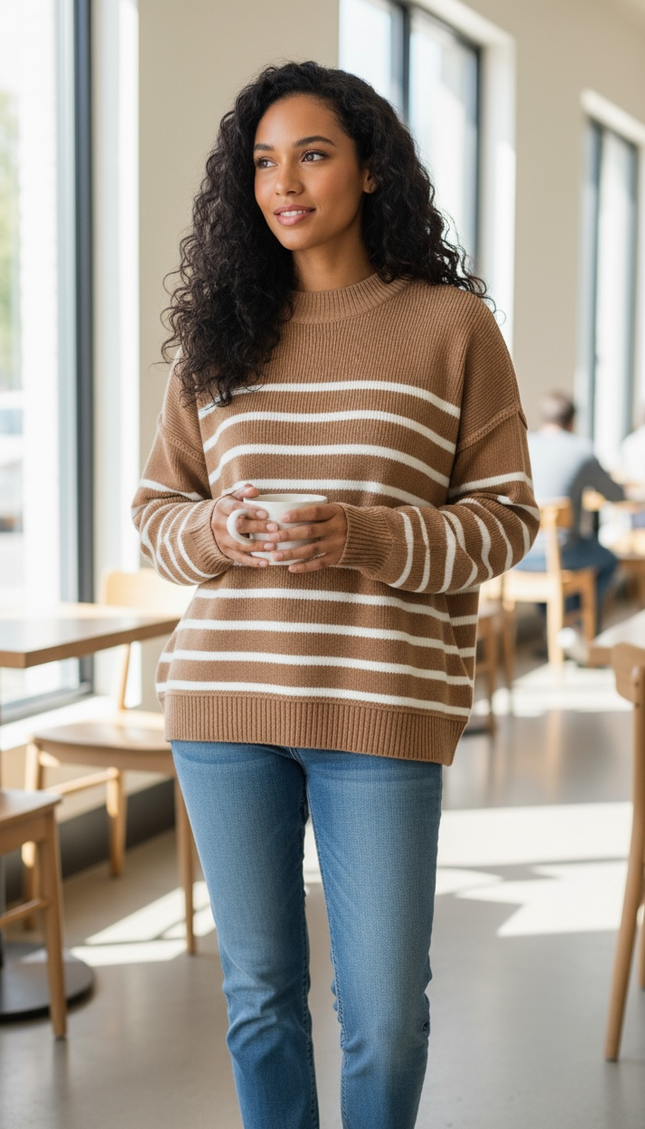Cozy Days Striped Oversized Sweater - Deep Camel