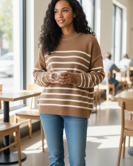 Cozy Days Striped Oversized Sweater - Deep Camel