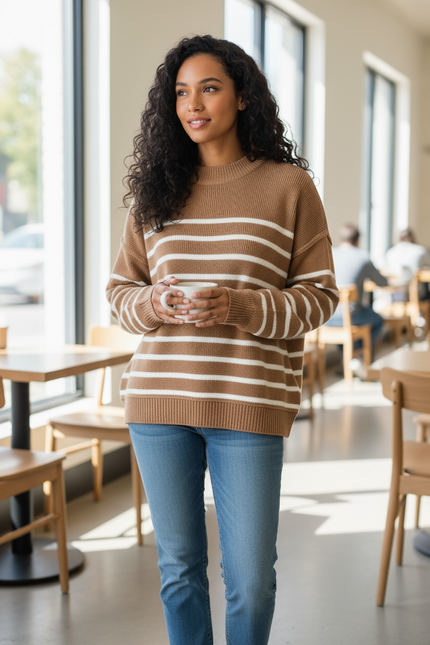 Cozy Days Striped Oversized Sweater - Deep Camel