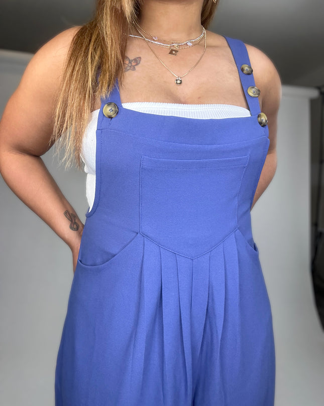 Wide Strap Overalls with Pleated Front Detail and Pockets - Indigo