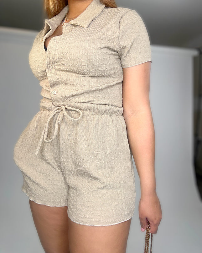 Textured Short Sleeve Top and Drawstring Shorts Knit Set
