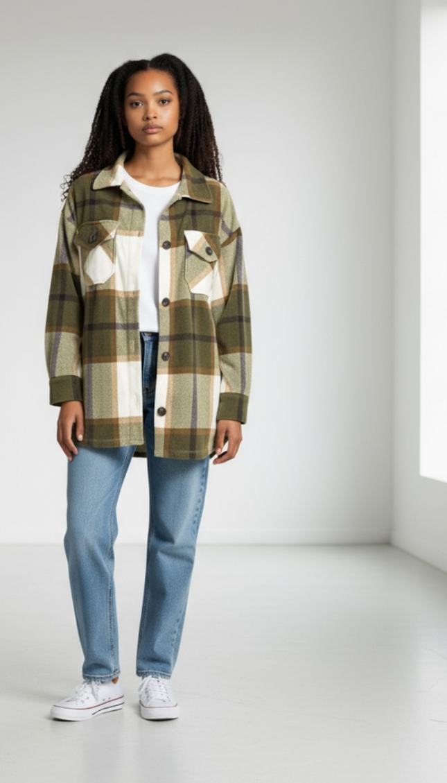 Oversized Plaid Fleece Shacket - Olive