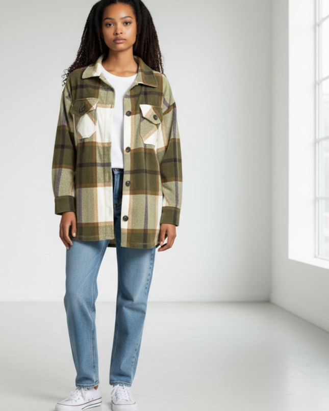 Oversized Plaid Fleece Shacket - Olive