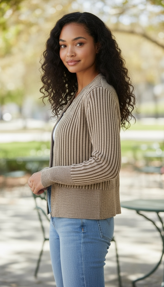 Ribbed Sweater Cardigan - Brown