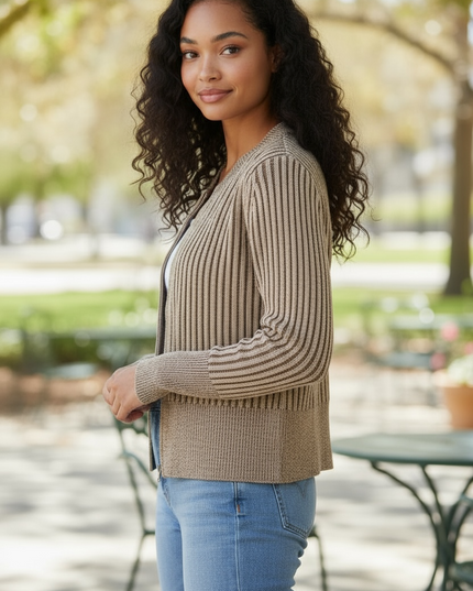 Ribbed Sweater Cardigan - Brown